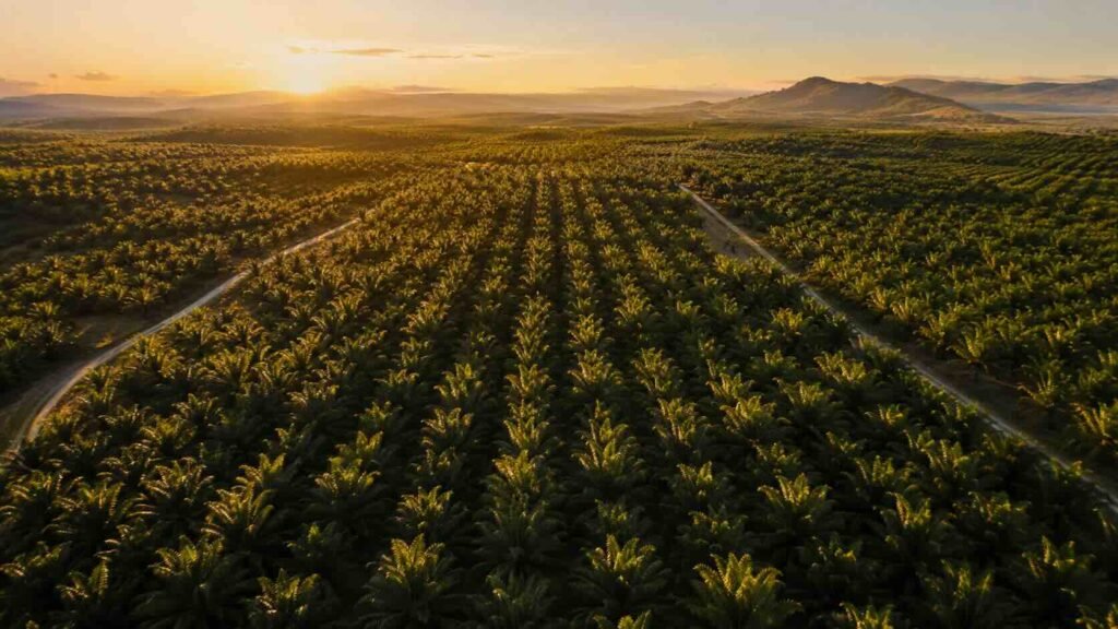 Plantación de palma aceitera en Venezuela vista aérea al atardecer