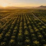 Plantación de palma aceitera en Venezuela vista aérea al atardecer