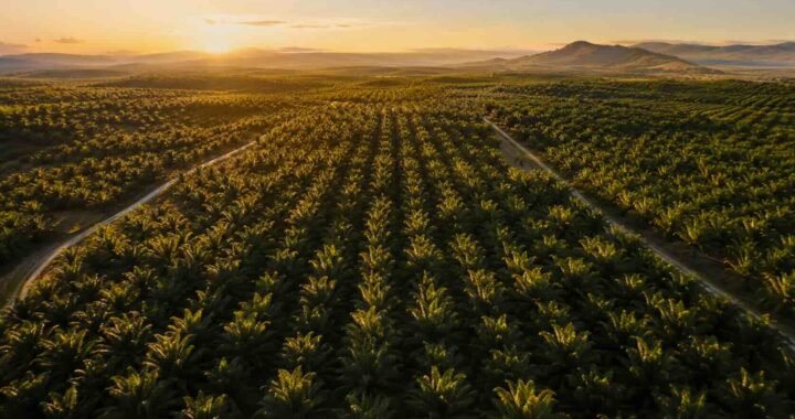 Plantación de palma aceitera en Venezuela vista aérea al atardecer